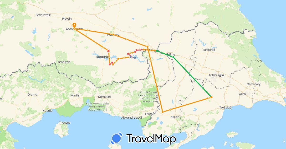 TravelMap itinerary: driving, bus, cycling, hiking, hitchhiking in Bulgaria, Turkey (Asia, Europe)